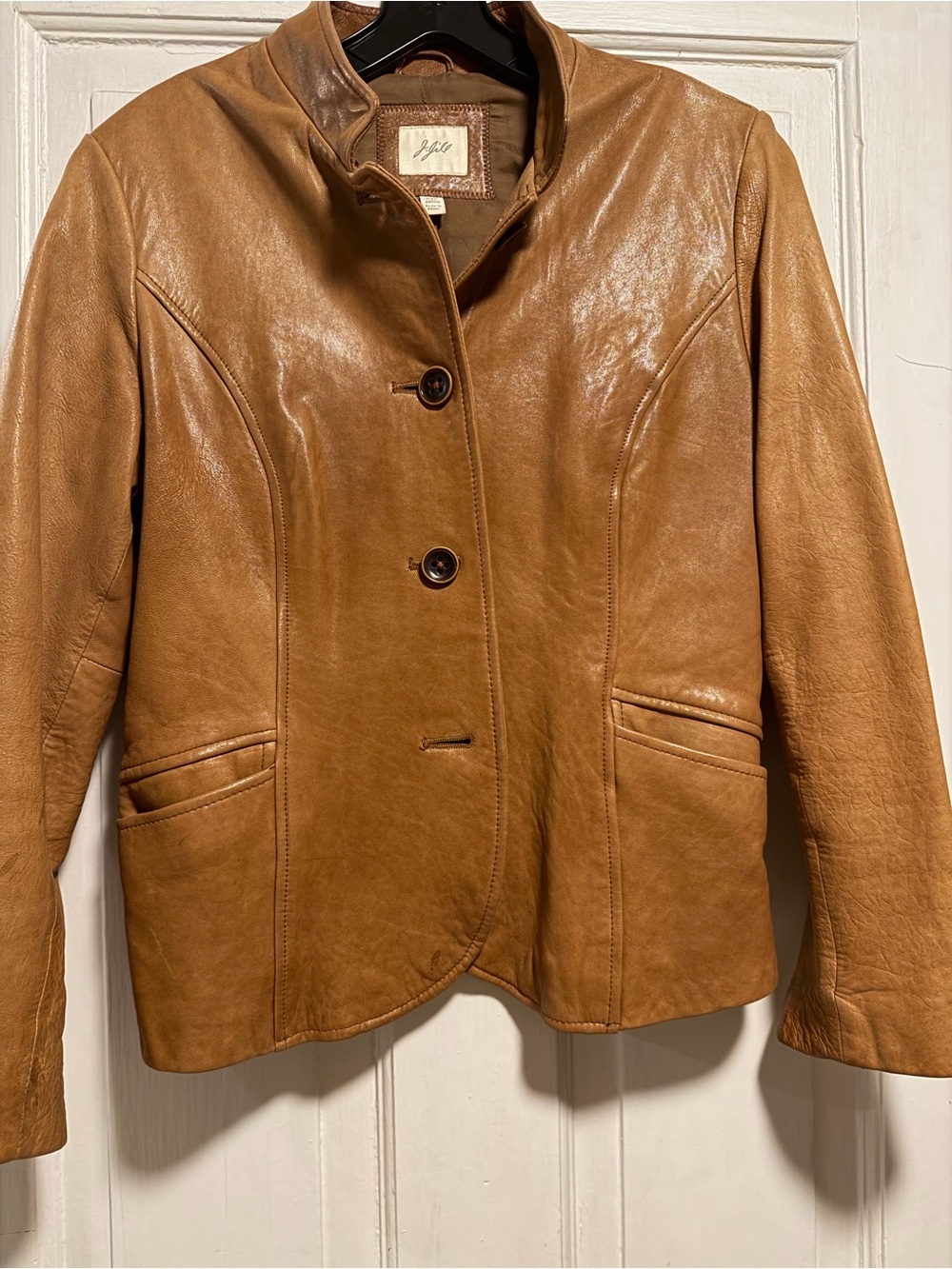 J.Jill genuine Leather Button-Front Jacket in Cognac Brown